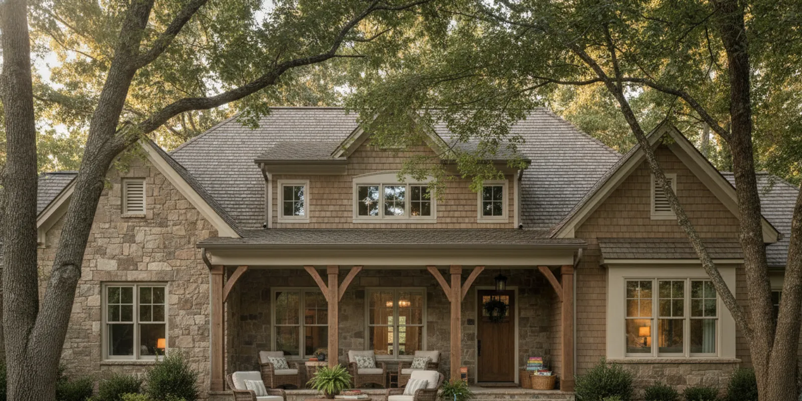 A thoughtfully designed custom home in Cary, North Carolina, with a welcoming covered entry and mature trees