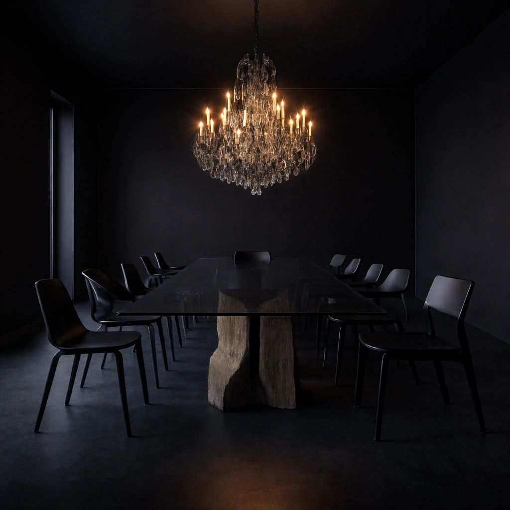 Dining room in deep charcoal with a candle-lit crystal chandelier above a long table set with black chairs